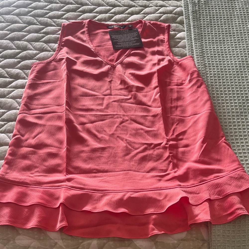 IMAN Coral Pink Sleeveless V-Neck Ruffle Hem Top
